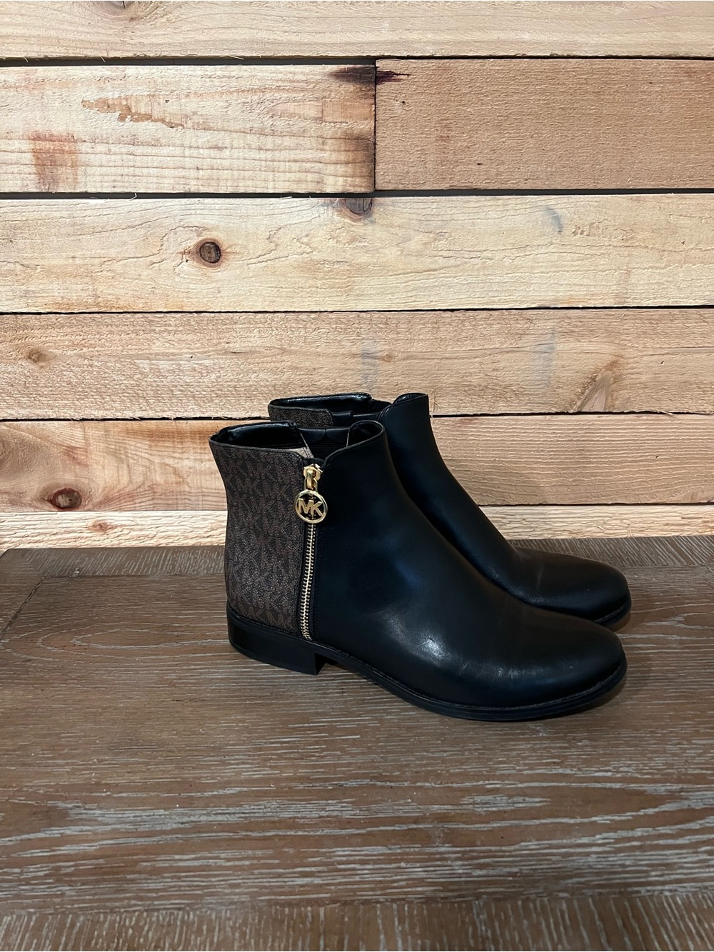 Michael Kors Lainey Black Leather & Brown Logo Zip Ankle Booties